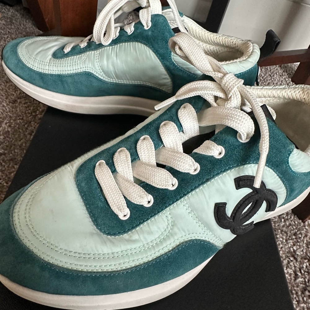 CHANEL Light Green Suede Nylon Sport Sneakers - Picture 3 of 9